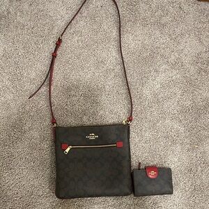 Coach Signature Brown and Red Crossbody Bag with Wallet